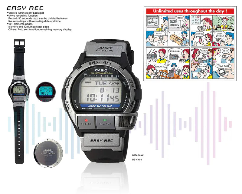CASIO DB-V30-1 90s Voice Recorder Easy Rec Digital Watch NOS NIB