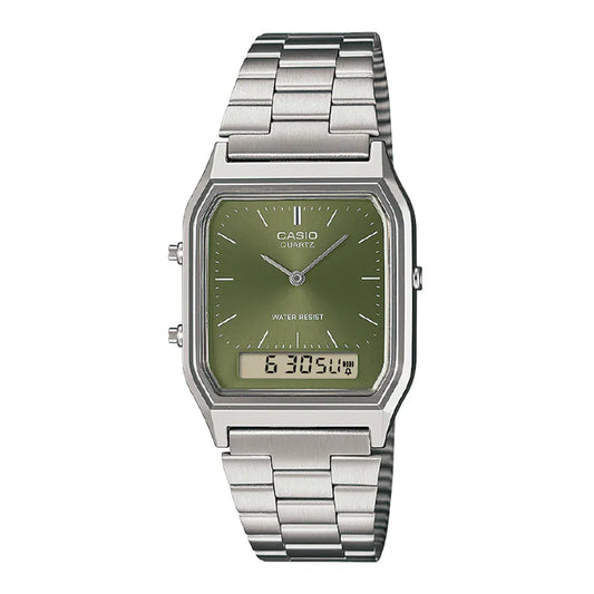 CASIO AQ-230A-3A Olive Green Dial Dual Time Watch
