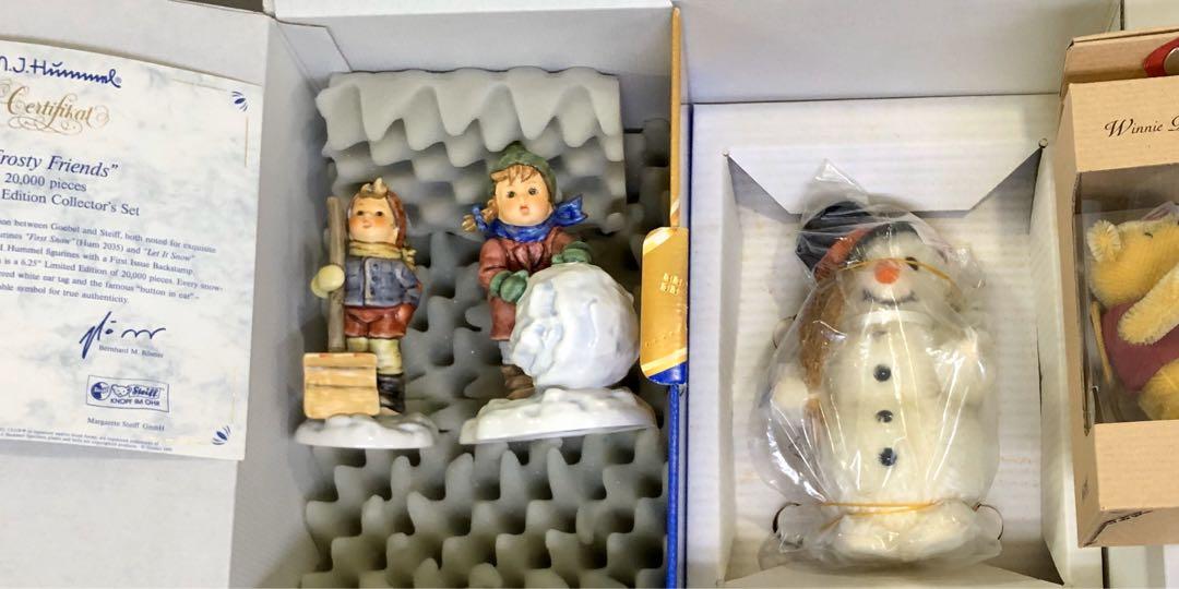 GOEBEL MI HUMMEL FROSTY FRIENDS LIMITED EDITION COLLECTORS SET WITH STEIFF SNOWMAN WINNIE THE POOH Ceramic doll wool snowman Winnie