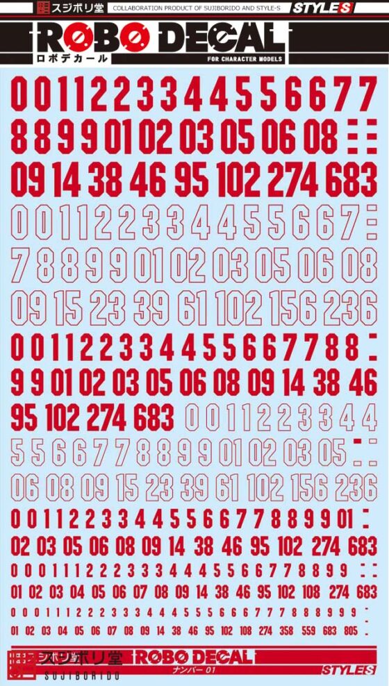 Sujiborido ROBO Water Sticker Number 01 ST02-N01-RE Red