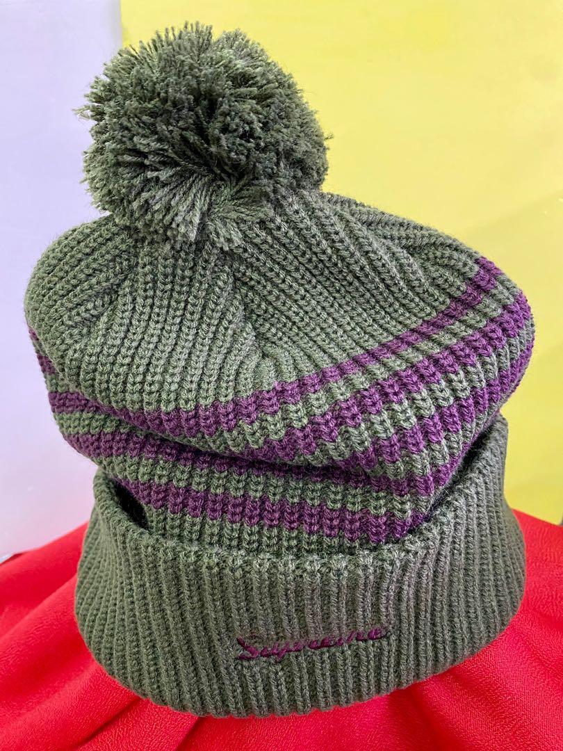 SUPREME WIDE RIB BEANIE HAT STRIPED LOOSE GAUGE BEANIE HAT OLIVE MAROON BOX LOGO CAMP CAP SNAPBACK MEN'S ACCESSORIES HATS BALL CAP dark green with purple stripes