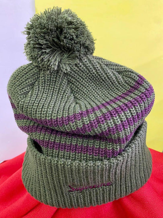 SUPREME WIDE RIB BEANIE HAT STRIPED LOOSE GAUGE BEANIE HAT OLIVE MAROON BOX LOGO CAMP CAP SNAPBACK MEN'S ACCESSORIES HATS BALL CAP dark green with purple stripes