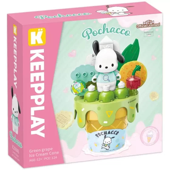 Qman Keeppley【Sanrio】Pochacco Green Grape Ice Cream Shaped Building Blocks