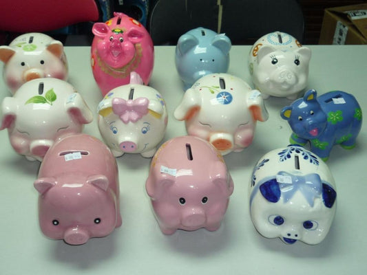 Selling pigs LOT PIG FLOCKED NODDING HEAD PIGS STATUE COIN BANK cash box pig feng shui savings